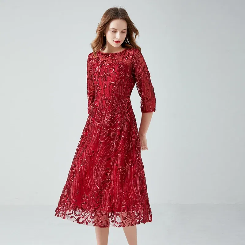 Color: Burgundy, Size: L - Women's Lace Dress Sequin Evening Dresses Spring and Autumn New Wedding Banquet Broad Wife Fat Plus Size Long Dress Long Red