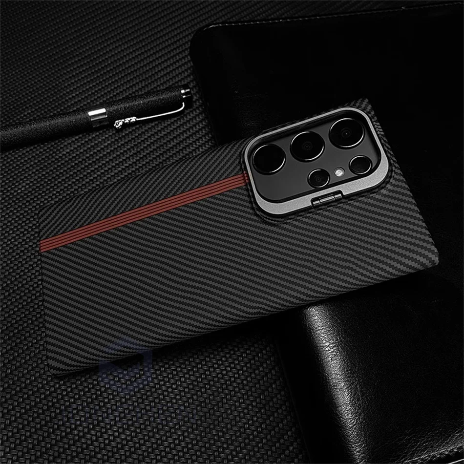 Color: Beige, Material: Nylon - Magnetic Pixel Carbon Fibre Pattern Slim Case For Samsung Galaxy S24 Plus S23 Ultra Luxury Shockproof Hard Cover Stand Metal Len