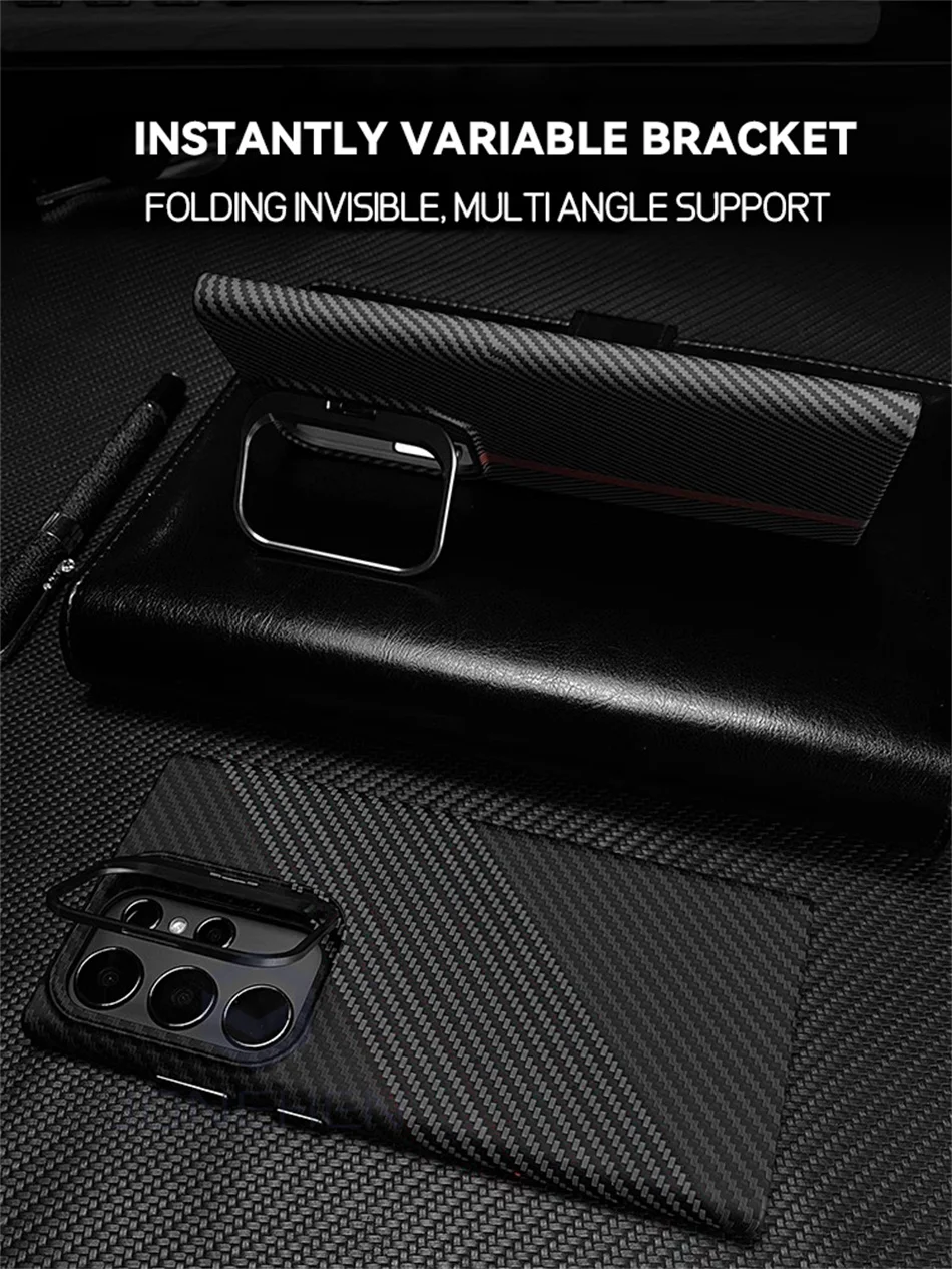 Color: Beige, Material: Nylon - Magnetic Pixel Carbon Fibre Pattern Slim Case For Samsung Galaxy S24 Plus S23 Ultra Luxury Shockproof Hard Cover Stand Metal Len
