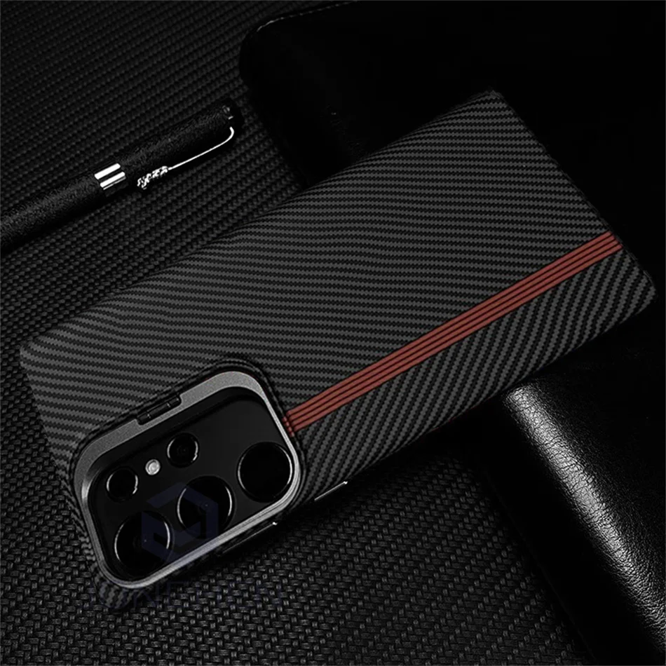 Color: Beige, Material: Nylon - Magnetic Pixel Carbon Fibre Pattern Slim Case For Samsung Galaxy S24 Plus S23 Ultra Luxury Shockproof Hard Cover Stand Metal Len