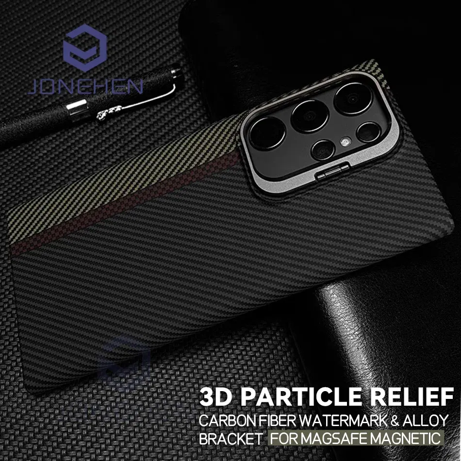 Color: Beige, Material: Nylon - Magnetic Pixel Carbon Fibre Pattern Slim Case For Samsung Galaxy S24 Plus S23 Ultra Luxury Shockproof Hard Cover Stand Metal Len