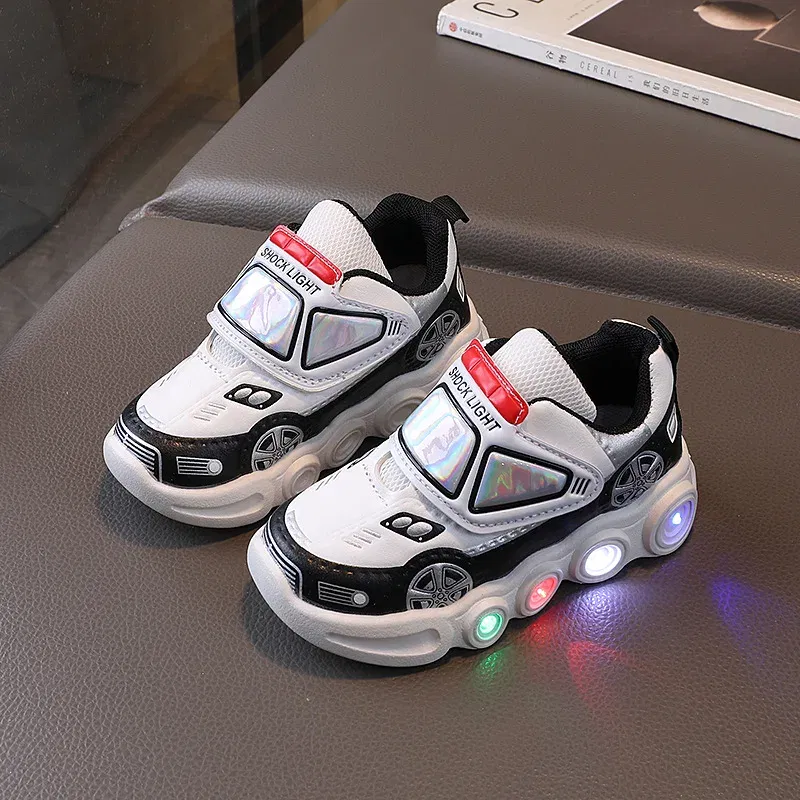 Color: Blue, Shoe Size: 26 - Diseny Kids'Casual Shoes Led Light Car Club Cartoon PU Leather Spring Shoes For Children Anti-slip Red Blue Shoes Size 21-30