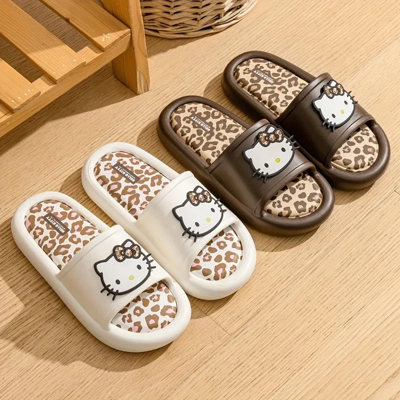 Color: Beige, Shoe Size: 36-37 - Miniso Hello Kitty Cute Leopard Print Slippers Trendy Open-Toe Slide Sandals in Chic Two-Tone Design Comfortable EVA Material
