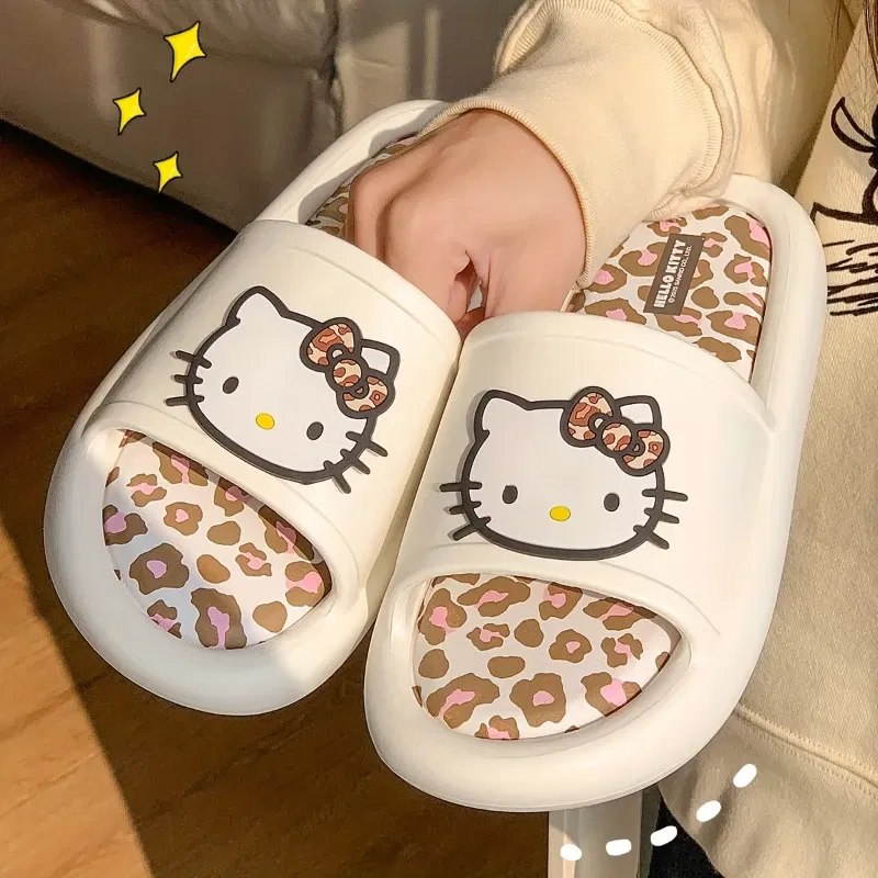 Color: Beige, Shoe Size: 36-37 - Miniso Hello Kitty Cute Leopard Print Slippers Trendy Open-Toe Slide Sandals in Chic Two-Tone Design Comfortable EVA Material