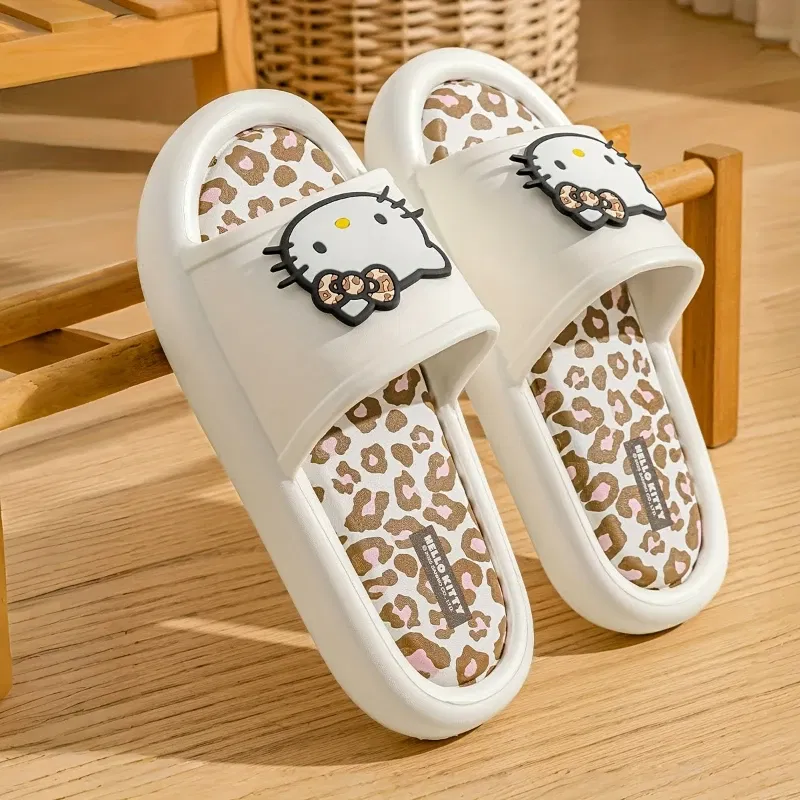 Color: Beige, Shoe Size: 36-37 - Miniso Hello Kitty Cute Leopard Print Slippers Trendy Open-Toe Slide Sandals in Chic Two-Tone Design Comfortable EVA Material