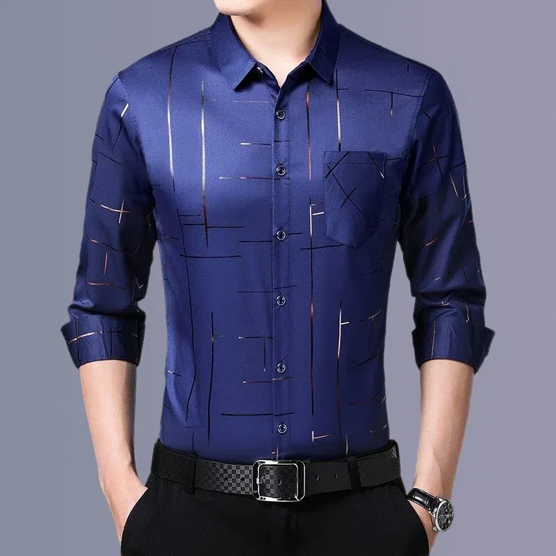 Color: Black, Size: 4XL - Men's Casual and Fashionable Long Sleeved Printed Shirt, Non Ironing and Wrinkle Resistant Business Top