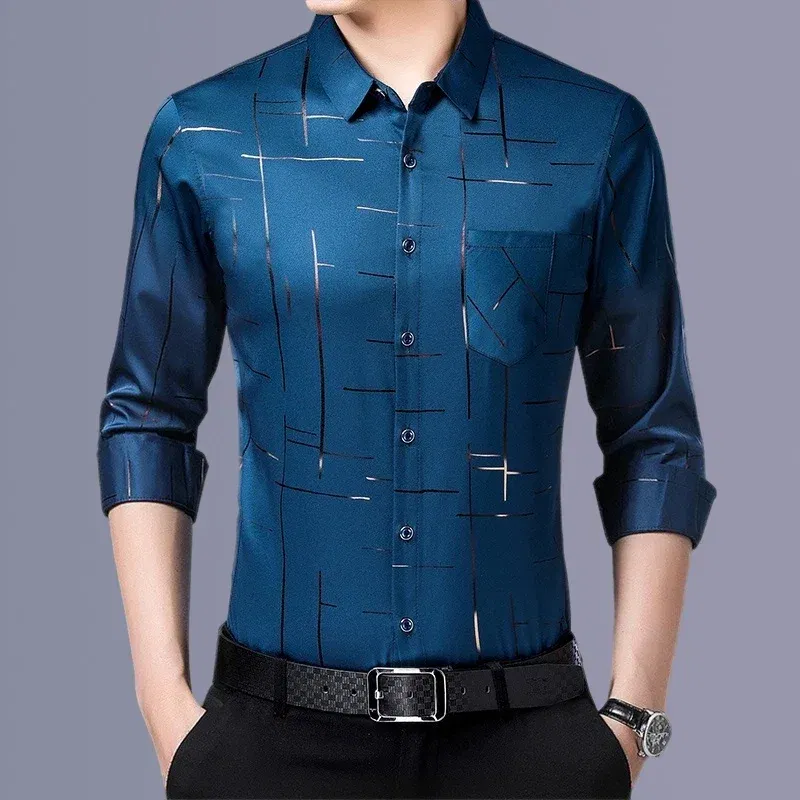 Color: Black, Size: 4XL - Men's Casual and Fashionable Long Sleeved Printed Shirt, Non Ironing and Wrinkle Resistant Business Top