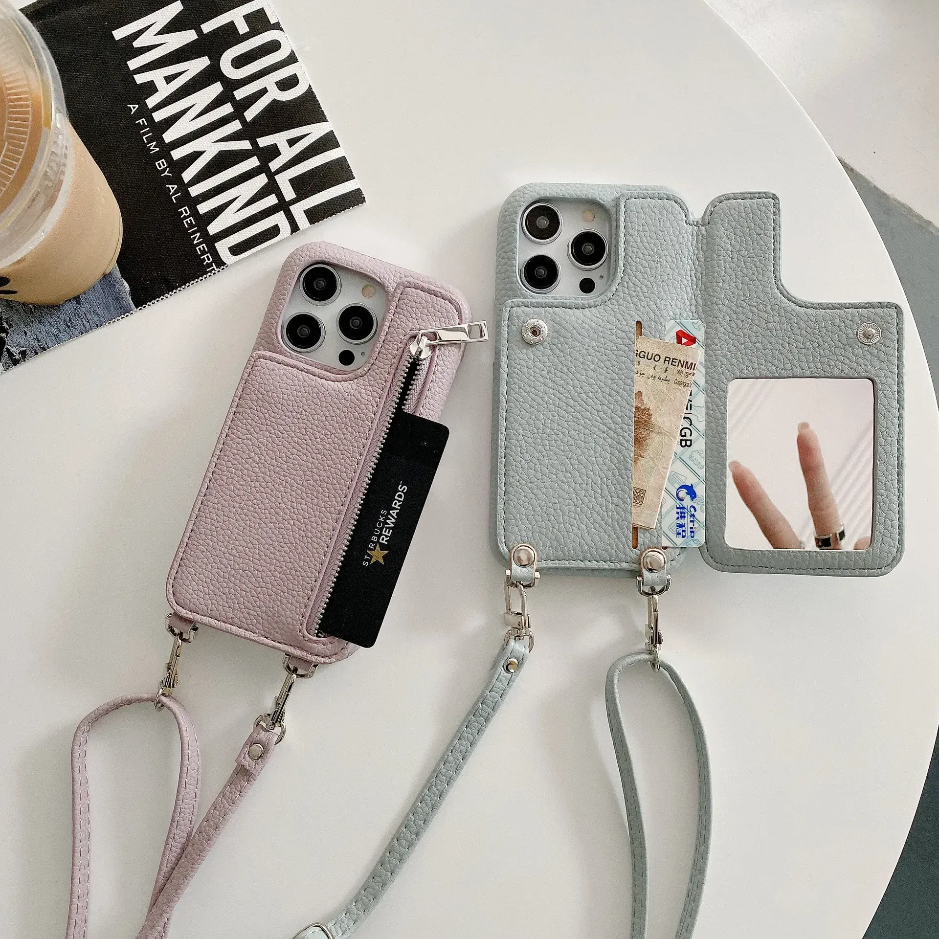 Material: CANVAS, Color: Blue - Zipper Wallet Makeup Mirror Crossbody Lanyard Case For iPhone 16 15 14 Pro Max 13 12 11 XR XS 7 8 Plus Card Slot Leather Cover