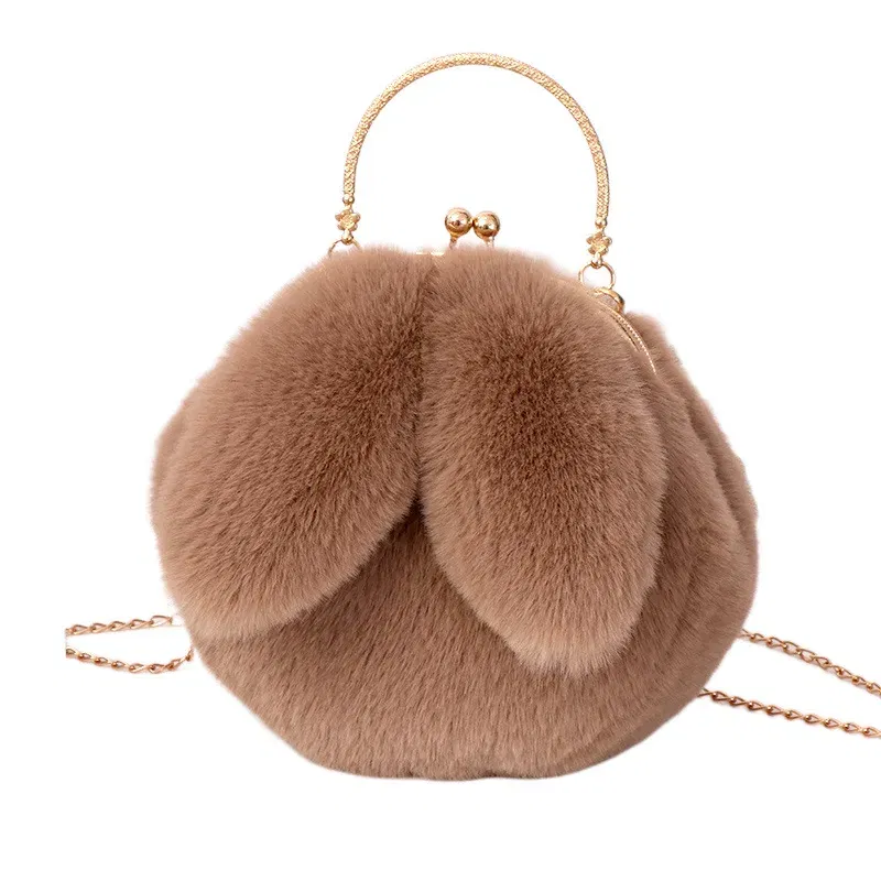 Color: Pink - Adorable Rabbit Ears Fluffy Crossbody Bag Women Stylish Chain Shoulder Handbag New