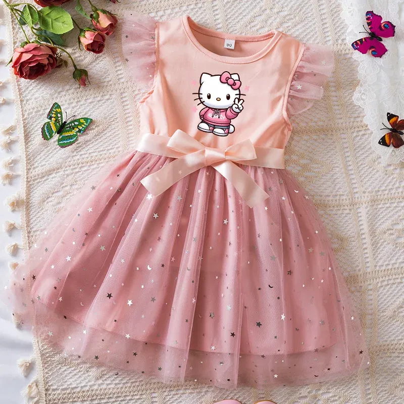 Color: Lavender, Kid Size: 2T - Hello Kitty Girls Sequin Tutu Dress with Bow Flutter Sleeves Summer Princess Party Outfit for Toddler Kids 2-6 Years