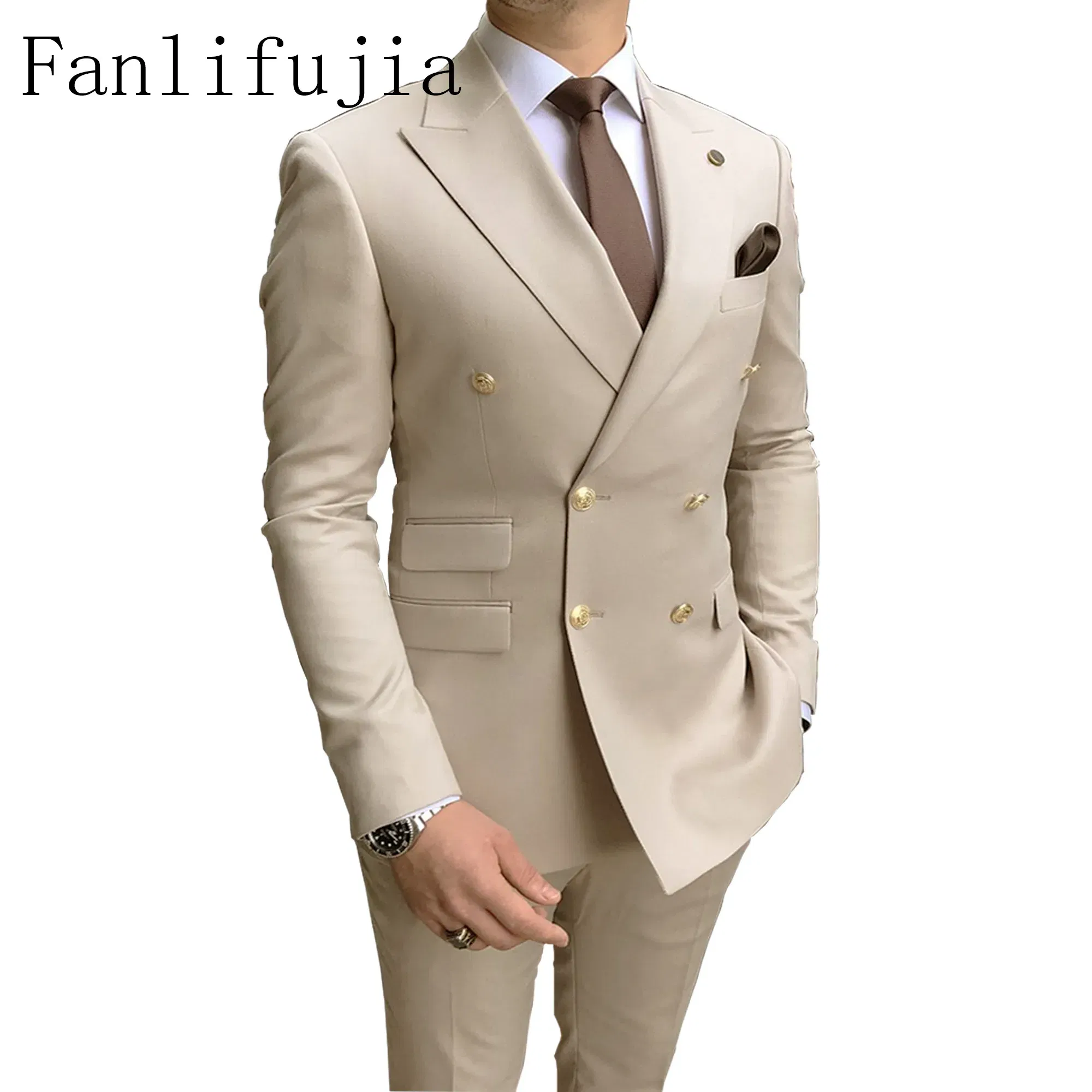Color: MULTI, Size: 5XL - Fanlifujia Store 2024 Casual Sky Blue Men Suits Double Brested Peak Lapel Gold Button Groom Wedding Tuxedos Best Costume Homme
