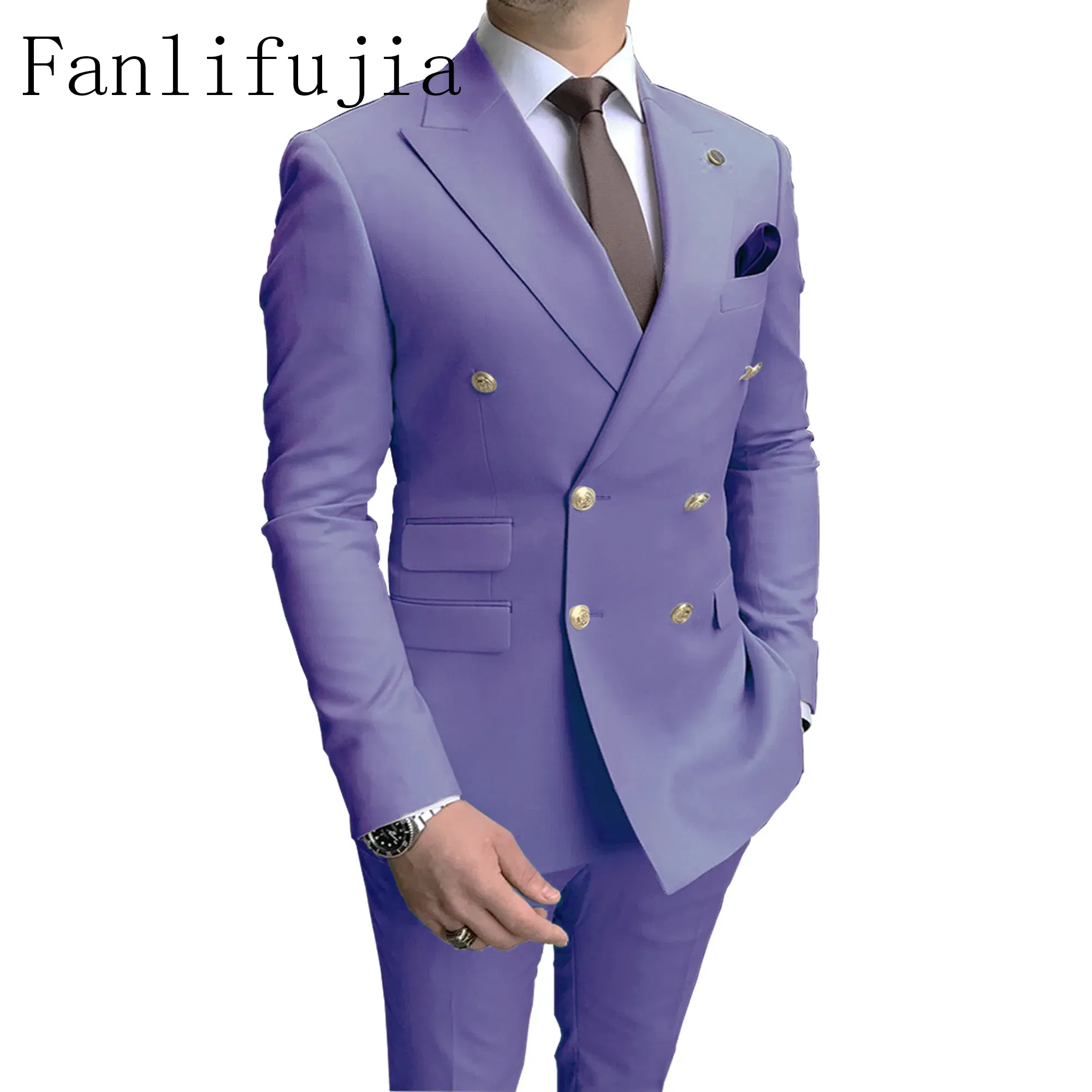Color: MULTI, Size: 5XL - Fanlifujia Store 2024 Casual Sky Blue Men Suits Double Brested Peak Lapel Gold Button Groom Wedding Tuxedos Best Costume Homme