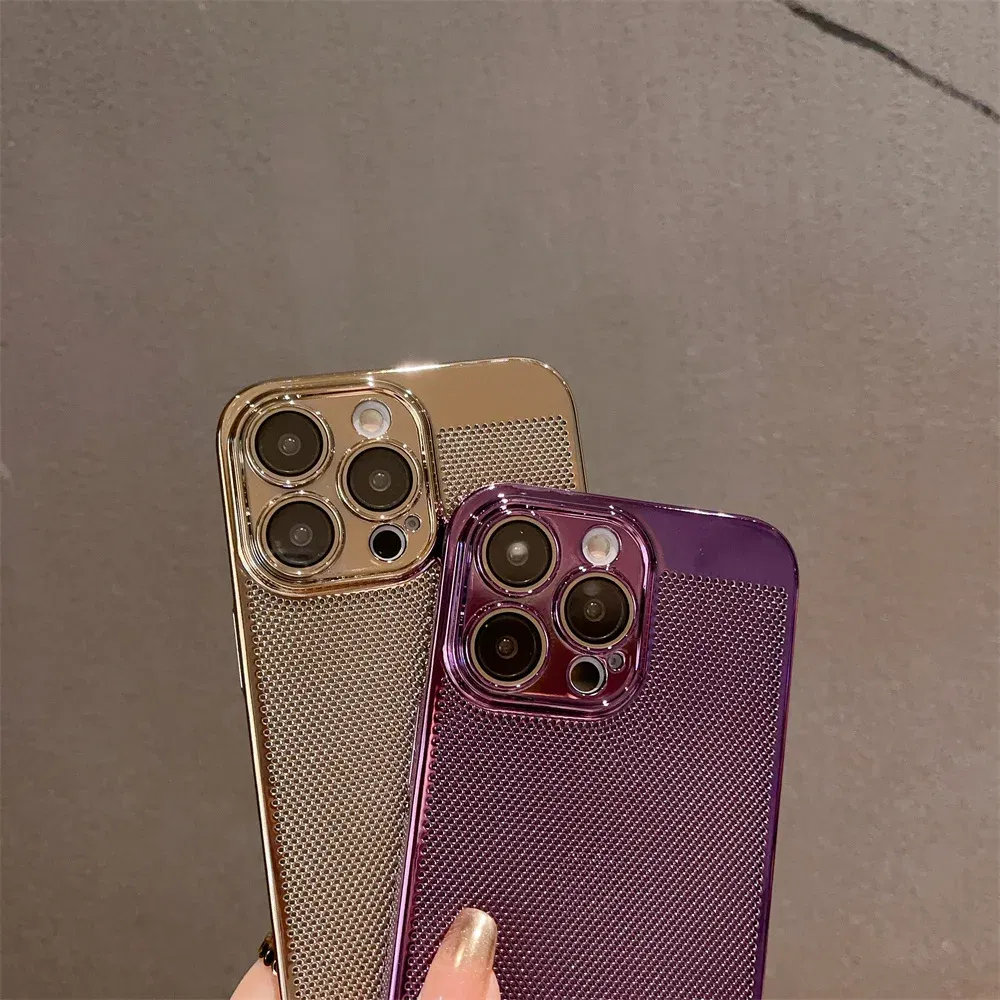 Color: PURPLE, Material: EVA - Luxury Plating Hollowed Out Case for iPhone 12 13 Mini 11 14 Pro Max X XR Xs Max 7 8 Plus Heat Dissipation Shockproof Lens Cover