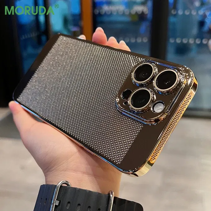 Color: PURPLE, Material: EVA - Luxury Plating Hollowed Out Case for iPhone 12 13 Mini 11 14 Pro Max X XR Xs Max 7 8 Plus Heat Dissipation Shockproof Lens Cover