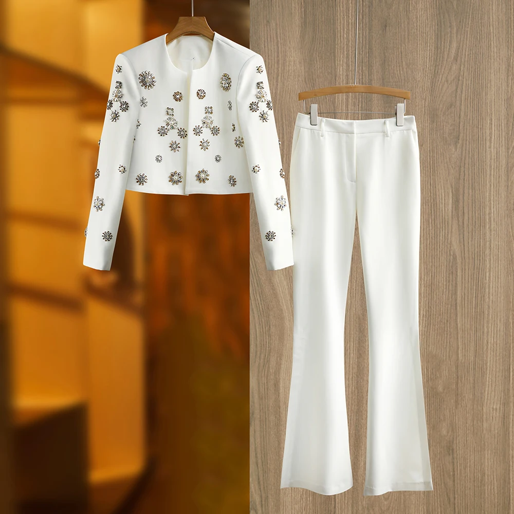 Color: WHITE, Size: M, Ships From: CHINA - Luxury Design Handmade Spark Rhinestone Women 2PCS Pants Suits Short Jacket Wide-leg Trousers High Street White Twin Sets