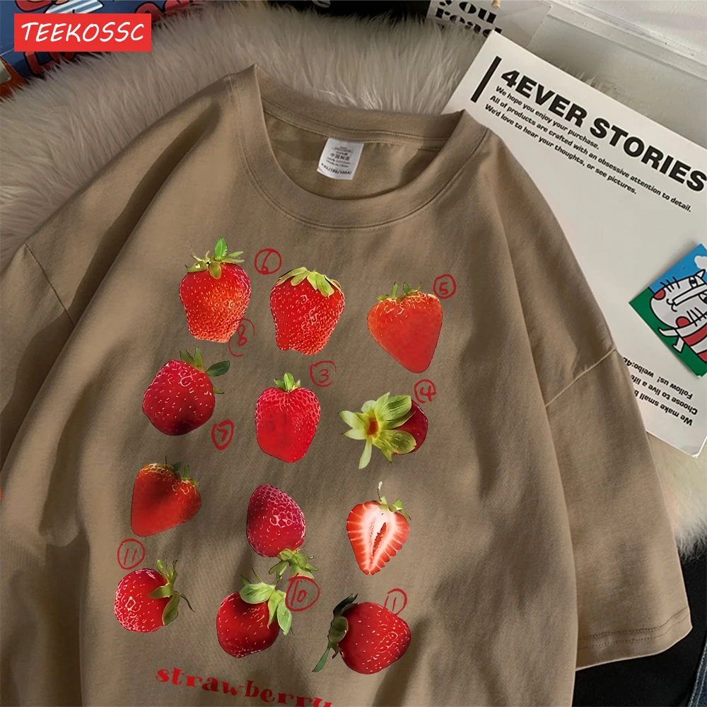 Color: Brown, Size: M - 100% Cotton Women T-shirt Cute Fresh Strawberries Printed Tee Shirt Summer Comfortable Loose Tops Street Fashion Female Clothes