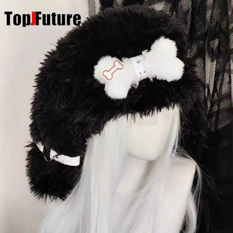 Color: black, Hat Size: 6 - Gothic Lolita Y2k Girls Women's  Subculture Punk Bone Plush Rabbit Ear Beanie Hat Harajuku Women's Winter Warmer Plush Hat
