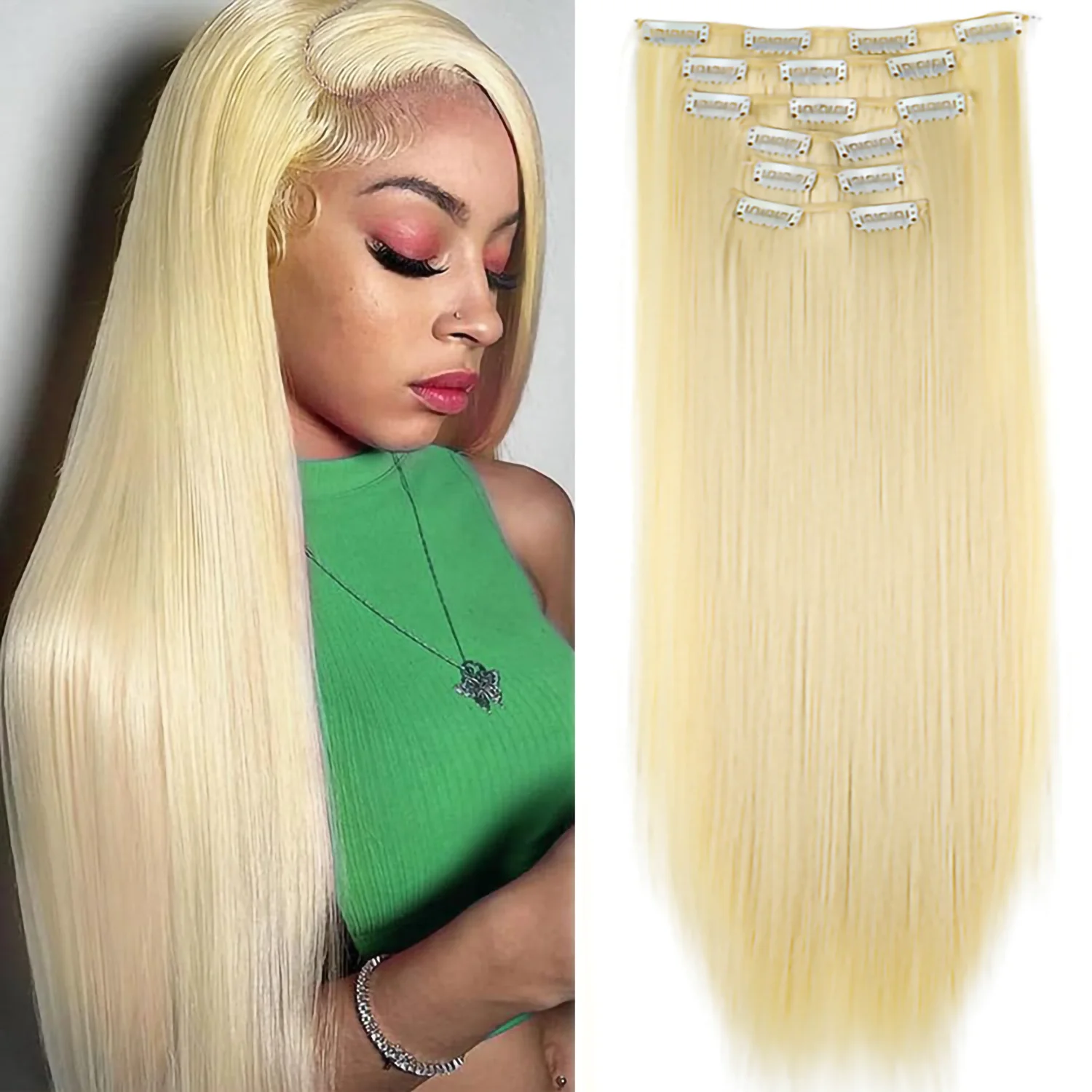 Color: T1B/613, Stretched Length: 24inches - 24Inch 16 Clips in Hair Extensions Long Straight Hairstyle Synthetic Blonde Black Hairpieces Heat Resistant False Hair Daily Use