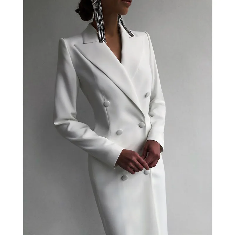 Color: WHITE, Size: XS - Women's Suit Long Blazer Double Breasted Jacket White Tuxedo Party Point Lapel Clothes спор?‚ивн?‹й кос?‚юм ?¶?µнск
