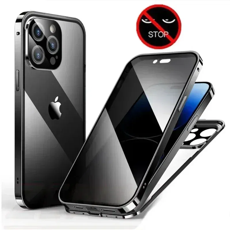 Color: Beige, Material: PP - Double-Sided Privacy Magnetic Case For iPhone 16 12 13 14 15 11 Pro Max 14 Plus 16 Plus Anti Peeping Full Cover Metal Frame Case