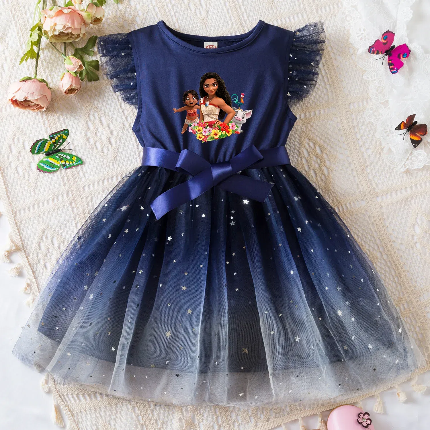 Color: Gold, Size: M - Moana Summer Toddler Girl Dress Princess Star Baby Girls Clothes Tulle Tutu Dress for Children Party Dress 2-6Y