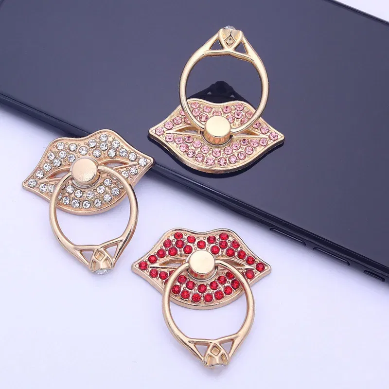 Color: Pink - Lip Phone Holder Metal Diamond-studded Ring Holder Red Lips Ring Holder OPPO VIVO Cellphone Holder Universal