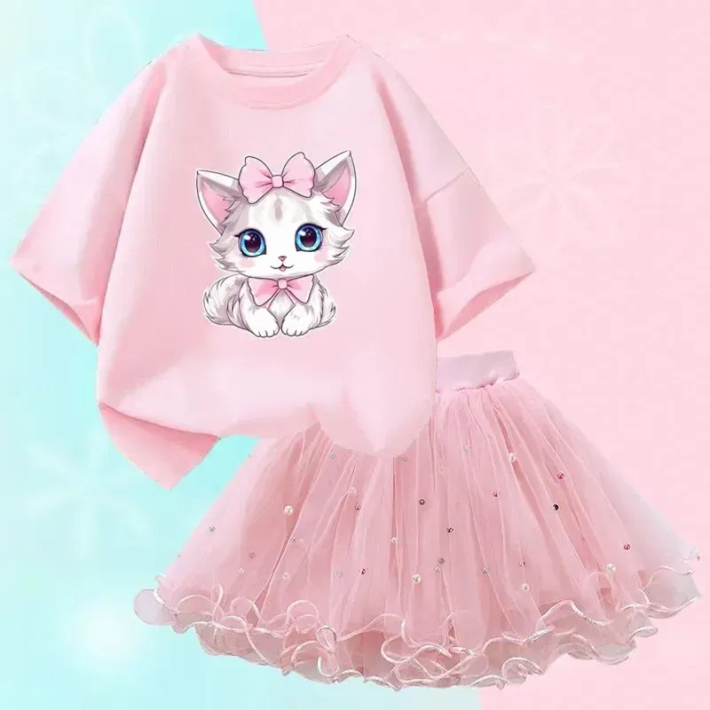 Kid Size: 12T, Color: Beige - Cute Summer Girls Outfits Cartoon Cat T-shirt and Tutu Skirt 2pc/Set Girl Princess Clothes Suit Children Birthday Clothing