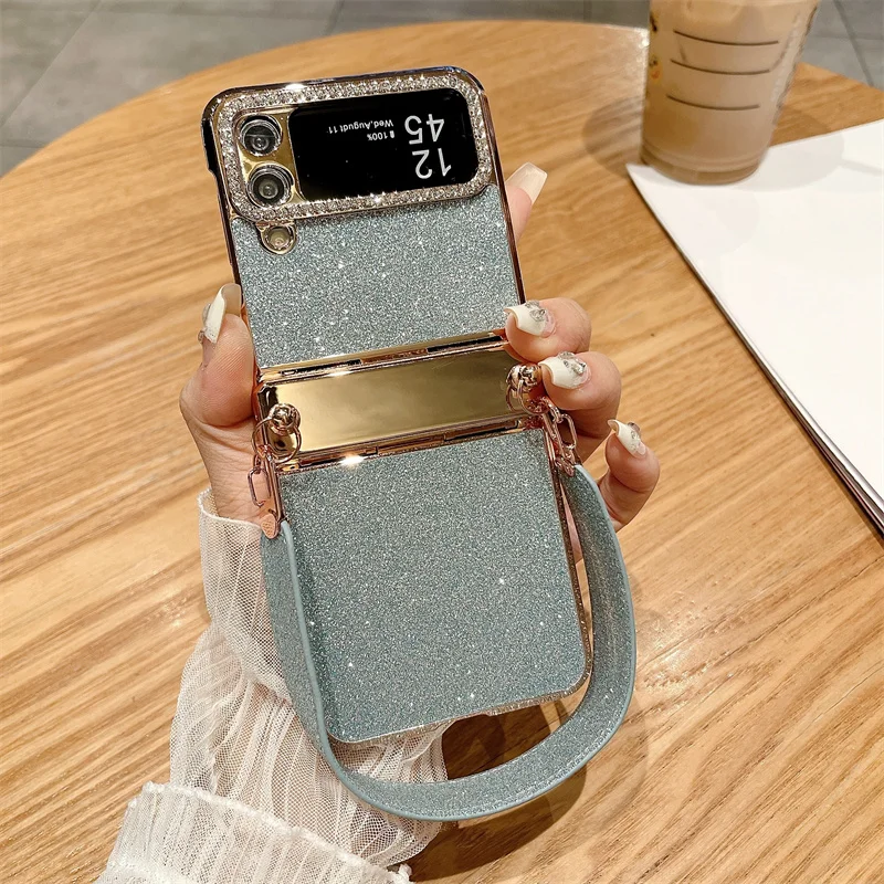 Color: SKY BLUE, Material: aluminum - For Samsung Galaxy Z Flip 6 5 4 3 Case 3D Jewelled Diamond Luxury Gradient Bling Glitter Wrist Strap Holder Tote Bags Cover