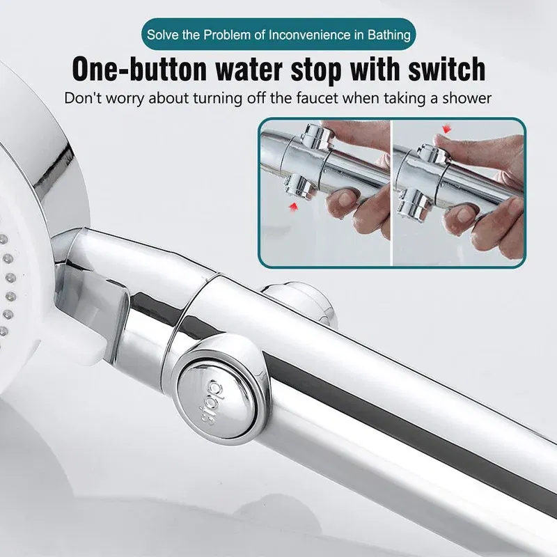 Color: Navy Blue - High Pressure Shower Head 5 Modes Adjustable Showerheads with Hose Water Saving One-Key Stop Spray Nozzle Bathroom Accessories