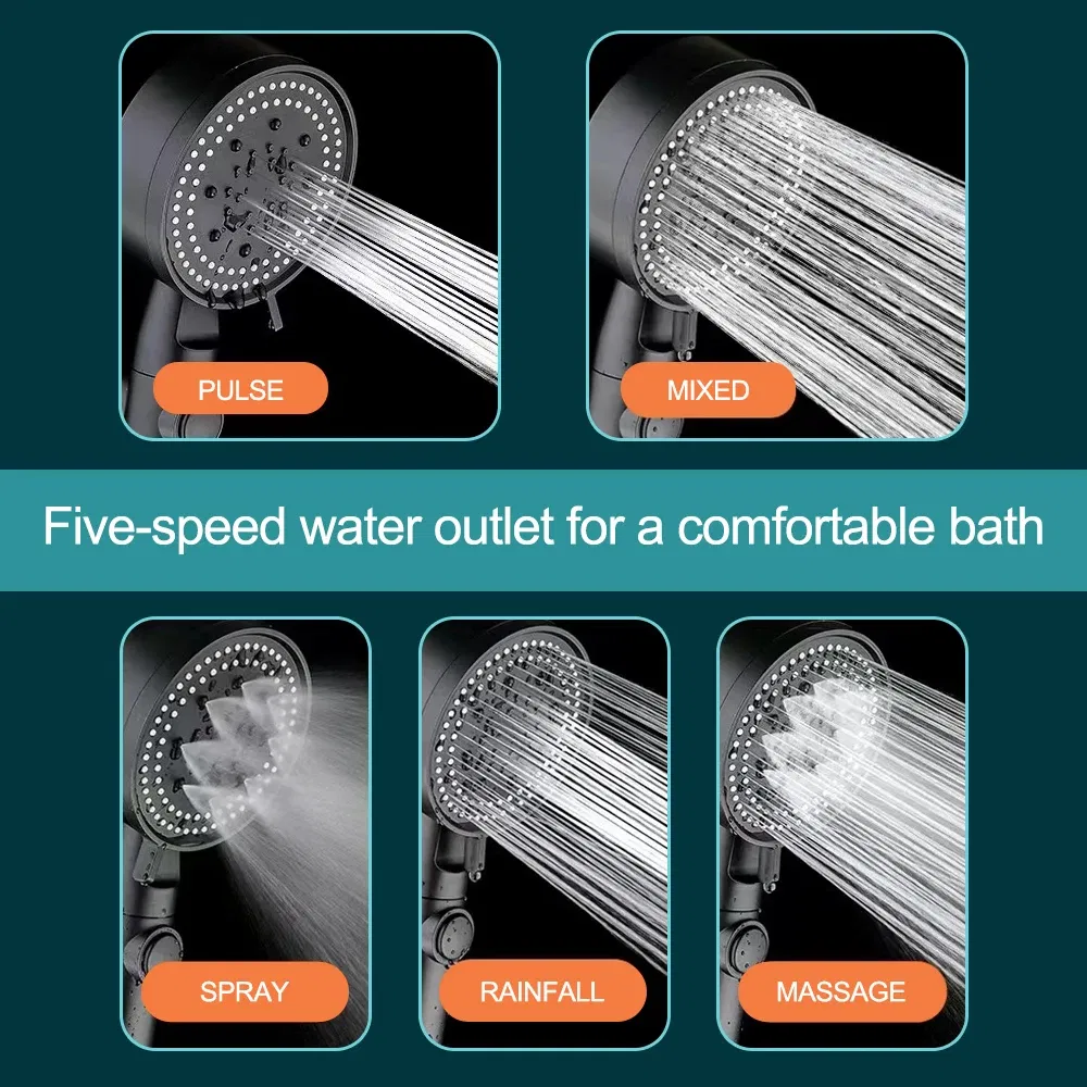 Color: Navy Blue - High Pressure Shower Head 5 Modes Adjustable Showerheads with Hose Water Saving One-Key Stop Spray Nozzle Bathroom Accessories