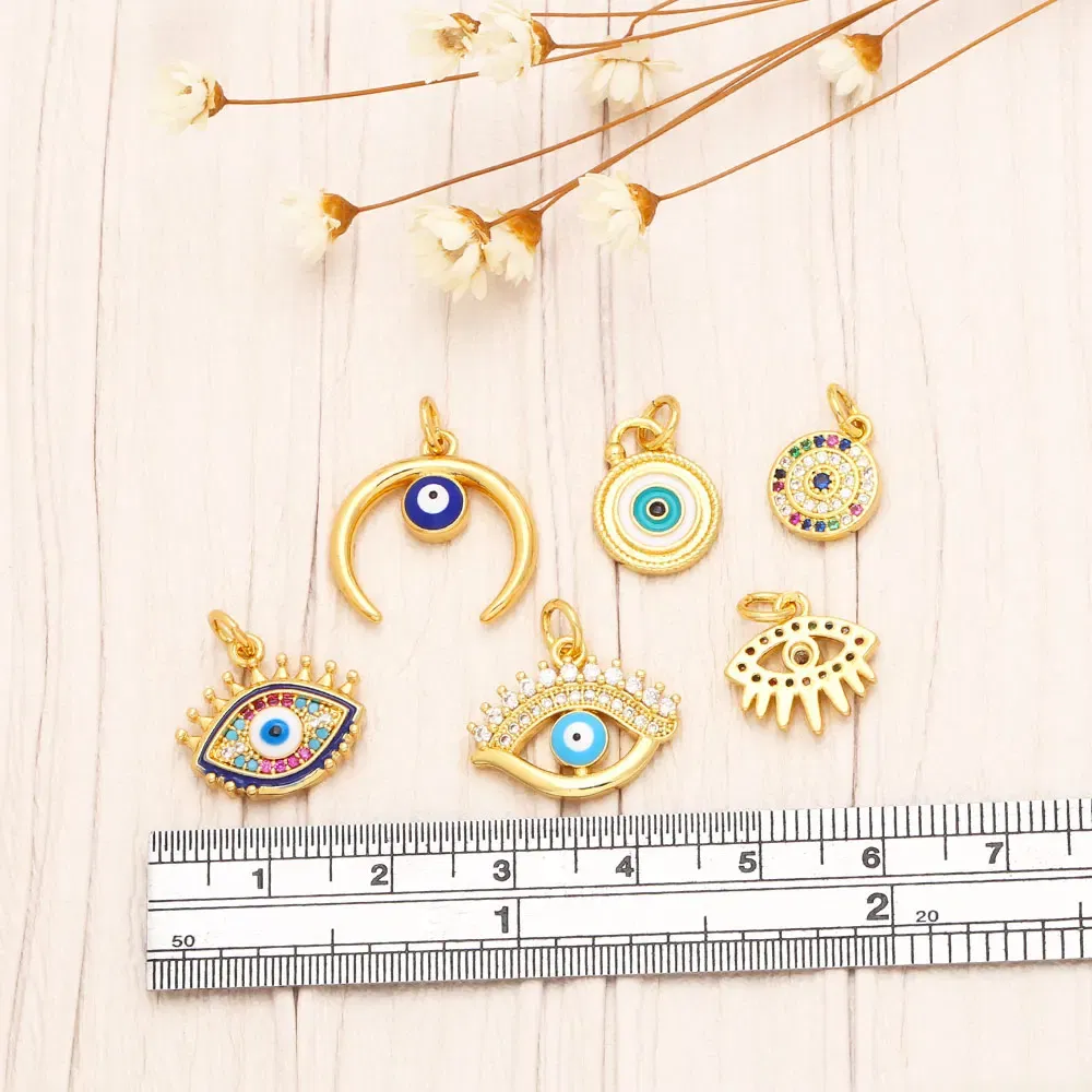Metal color: Rhodium Plated - OCESRIO Multicolor Little Turkish Eye Bracelet Earring Charm Copper Gold Plated CZ Evil Eye Jewelry Making Supplies chma180