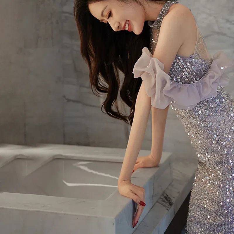 Color: Beige, Size: L - High-End Neck Evening Dress New Entry Luxury Niche Banquet Elegant Usually Wearing Sequin Fishtail Dress Princess Sleeve Women's