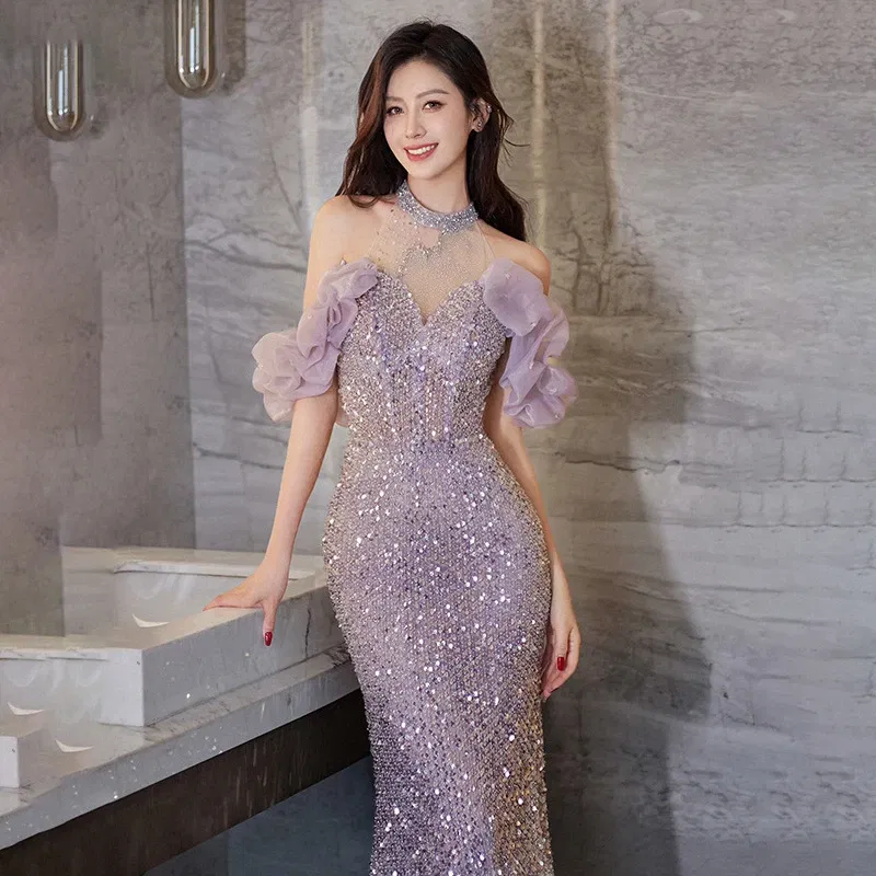 Color: Beige, Size: L - High-End Neck Evening Dress New Entry Luxury Niche Banquet Elegant Usually Wearing Sequin Fishtail Dress Princess Sleeve Women's
