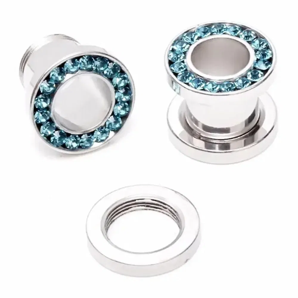 Metal color: Gold-color, Main Stone Color: Silver - 2pc Steel Multicolour Crystal Ear Plug Flesh Tunnel 8g ( 3mm ) - 1" ( 25mm ) Gauge Expander Stretcher Screw Fit