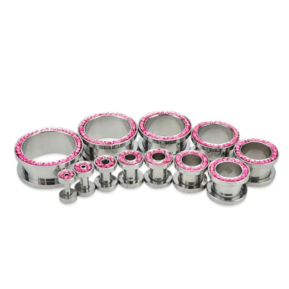 Metal color: Gold-color, Main Stone Color: Silver - 2pc Steel Multicolour Crystal Ear Plug Flesh Tunnel 8g ( 3mm ) - 1" ( 25mm ) Gauge Expander Stretcher Screw Fit
