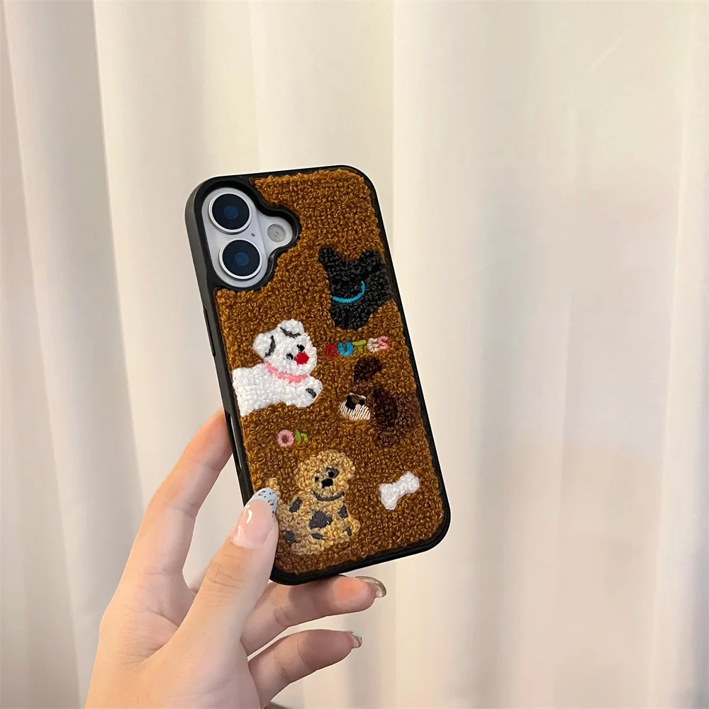 Color: black, Material: tpu - Luxury Cartoon Embroidery Cute Dog Cats Colorful Dots Phone Case For iPhone 13 14 15 16 Pro Max Plush Winter Shockproof Cover