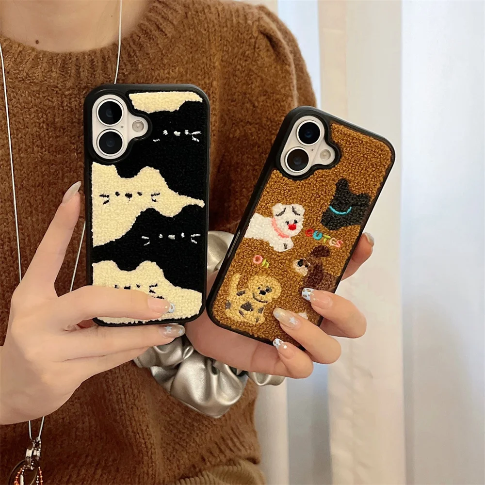 Color: black, Material: tpu - Luxury Cartoon Embroidery Cute Dog Cats Colorful Dots Phone Case For iPhone 13 14 15 16 Pro Max Plush Winter Shockproof Cover