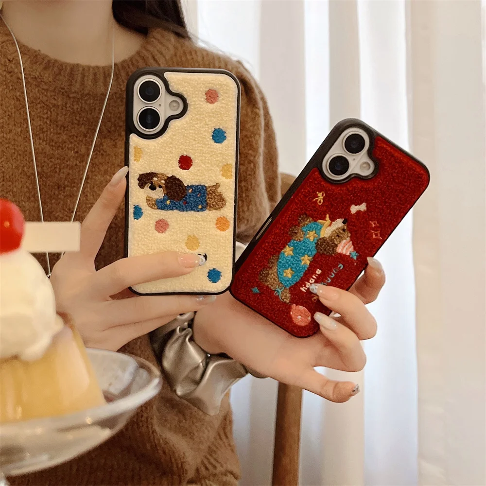 Color: black, Material: tpu - Luxury Cartoon Embroidery Cute Dog Cats Colorful Dots Phone Case For iPhone 13 14 15 16 Pro Max Plush Winter Shockproof Cover