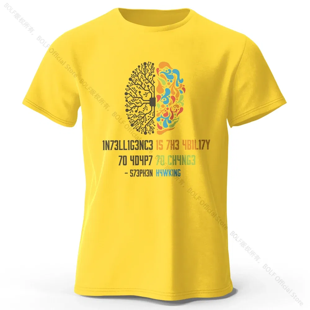 Color: Yellow, Size: M - Funny Brain Power Printed 100% Cotton T-Shirt, Soft & Breathable Round Neck Short Sleeve Tee, Unisex Quirky Style
