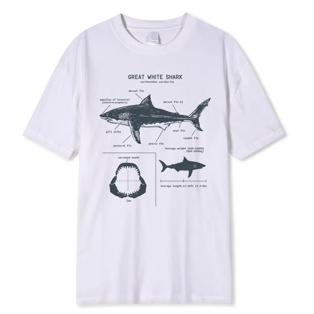 Color: Brown, Size: XL - Great White Shark Anatomy T-Shirt New Summer Men Street Short Sleeve Hip Hop Punk Style Boy Casual Tops Fashion White Tees