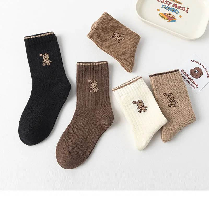 Color: Gold, Size: 10-12T - Autumn Socks Baby 5 Pairs Cartoon Bunny Pattern Socks Girls Calf Length Children Socks Solid Cotton Socks