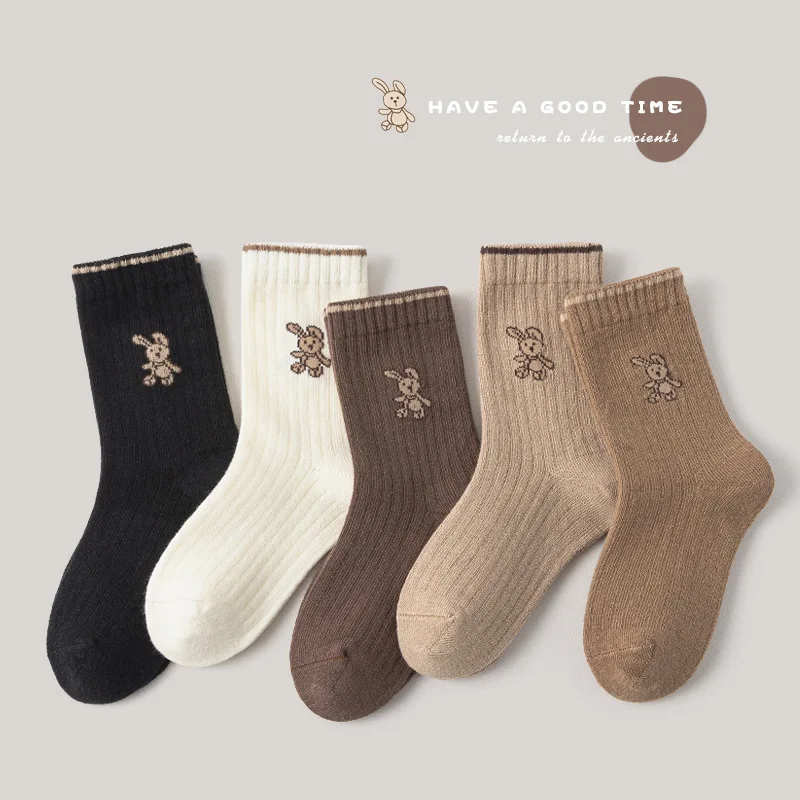 Color: Gold, Size: 10-12T - Autumn Socks Baby 5 Pairs Cartoon Bunny Pattern Socks Girls Calf Length Children Socks Solid Cotton Socks