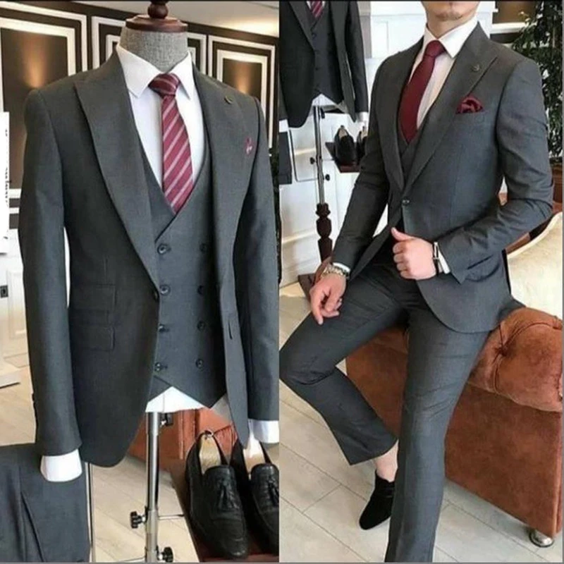 Color: Pink, Size: XXS, Ships From: CHINA - Groom Wear 3 Pieces Gray Men Suits 2021 Slim Fit Peak Lapel One Button Tailor Made Terno Masculino (Jacket+Pants+Vest+Tie?‰
