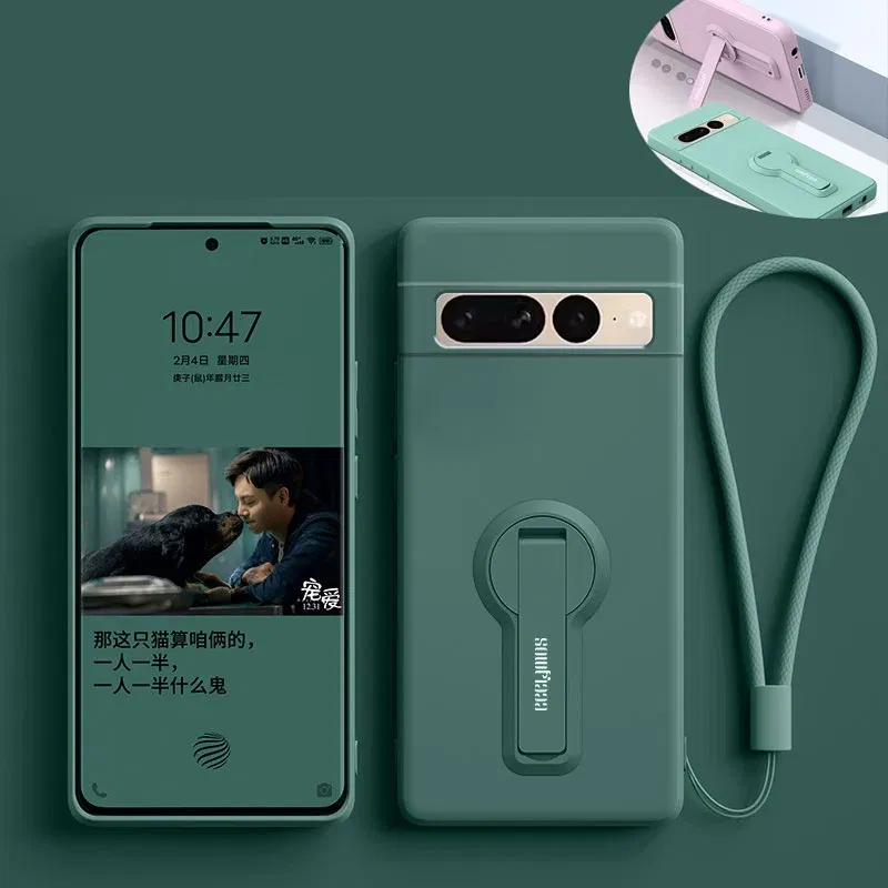 Color: Beige, Material: Neoprene - Phone Case For Google Pixel 7 8 6 5 9 Pro XL Pixel 7A 6A 5A 8A 9A Soft Cover Silicone Case with Holder Stand Bracket Lanyard