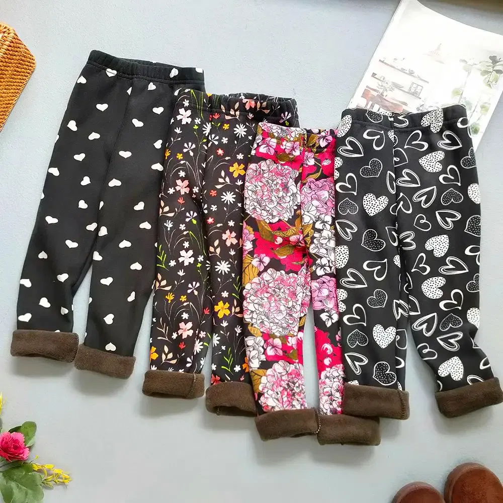 Color: Orange, Kid Size: 11 - Autumn Winter Print Flowers Thick Warm Kids Toddler Baby Girls Leggings Children's Pants