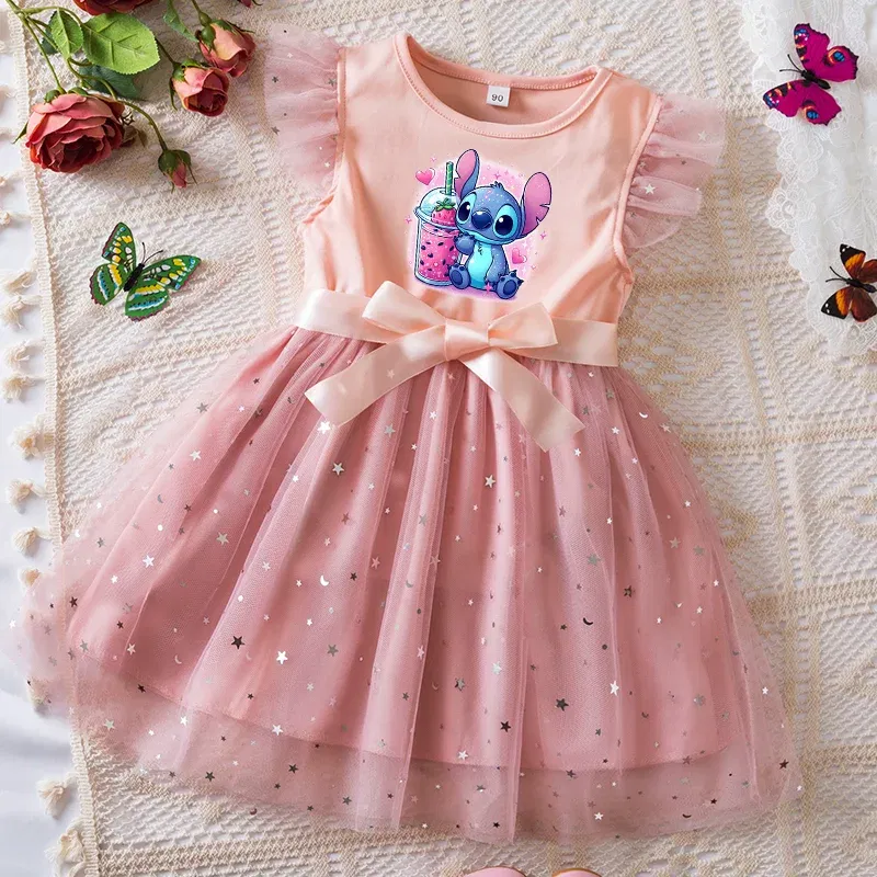 Color: Khaki, Kid Size: 5 - Lilo Stitch Girls Sequin Tutu Dress with Bow Flutter Sleeves Summer Princess Party Outfit for Toddler Kids 2-6 Years