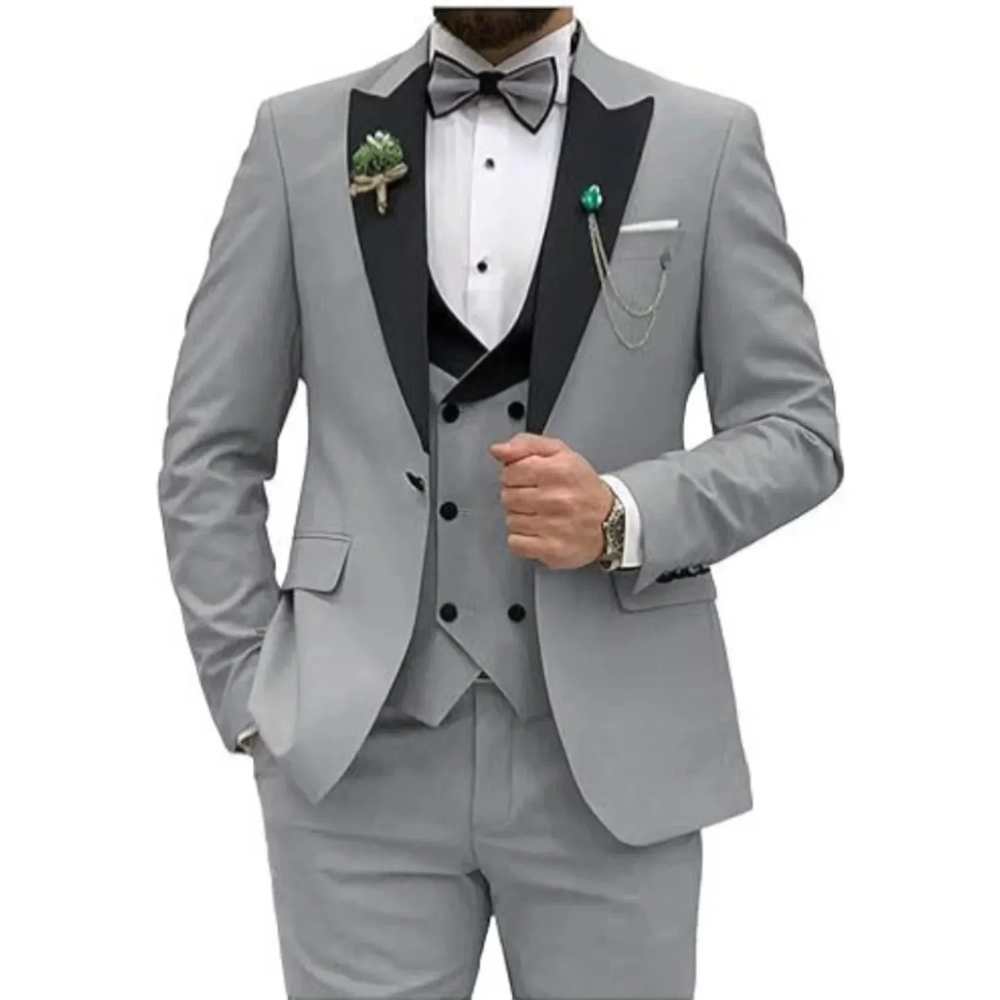 Color: GRAY, Size: XXL - Men Suit Colorful Luxury Blazer Vest And Pant Sets 3 Piece Birthday Dress Business Prom Evening Party Costumes High Quality