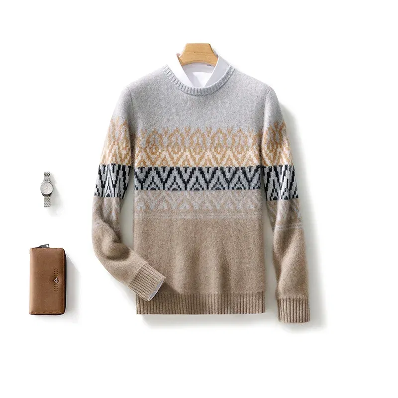 Color: GRAY, Size: S - 100% Pure Wool Pullover Sweater Men's Round Neck Knitted Sweater Autumn Winter Thick Warm Ethnic Style Men's Clothing