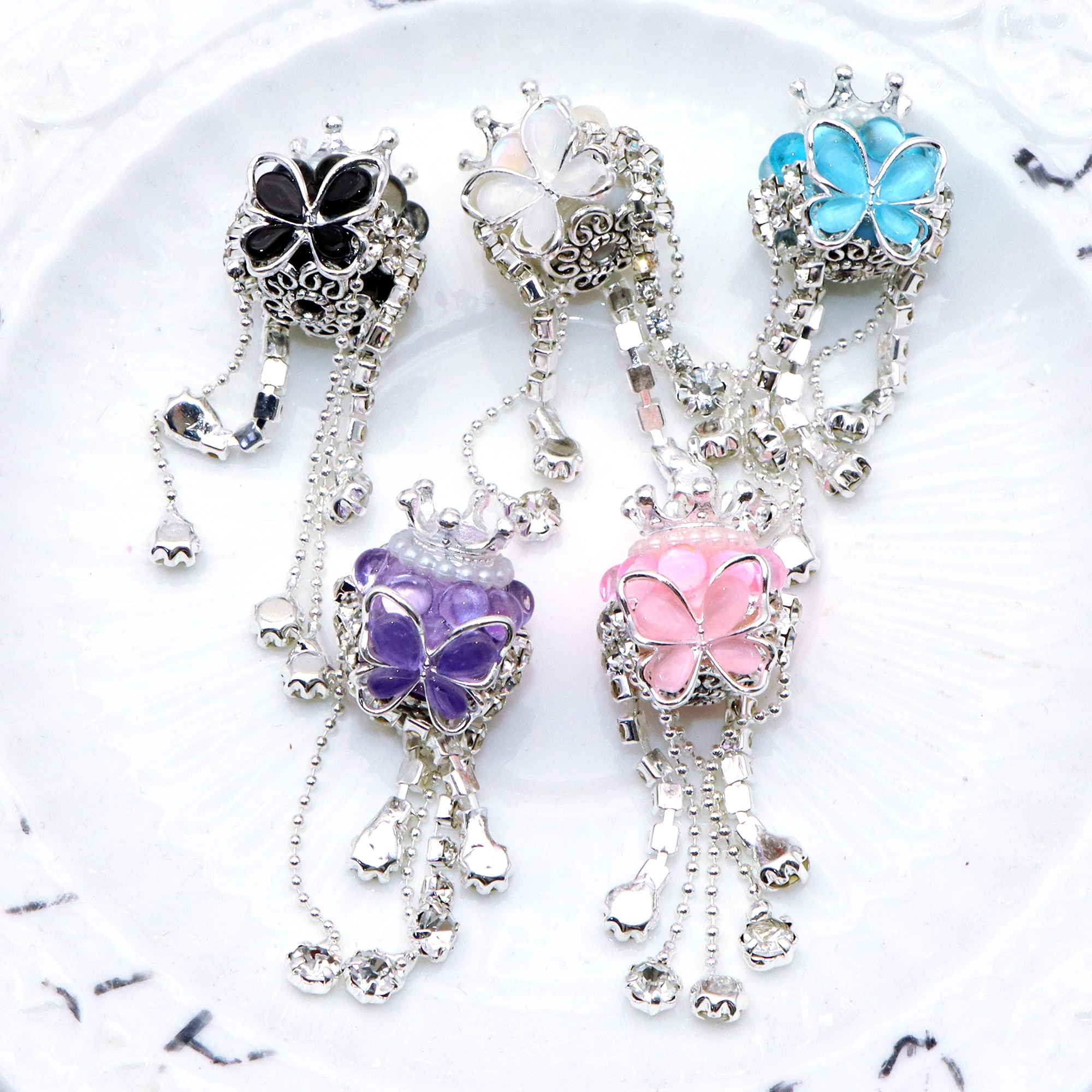 Color: antique silver - 1Pc Luxury Butterfly Rhinestone Faux Crystal Beads Opal Effect with Tassel Loose Spacer Beads with Hole Jewelry Making DIY Brace