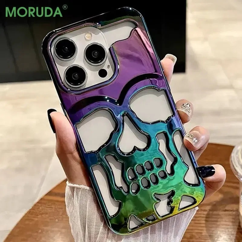 Color: Blue, Material: ABS - 3D Skull Ghostface Phone Case for iPhone 14 15 ProMax 11 12 13 Pro Max Plus Fashion Hollow Heat Dissipation Plating Slim Cover